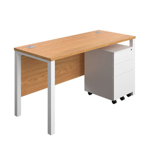 Goal Post Rectangular Desk + 3 Drawer Steel Pedestal (FSC) | 1400x600 | Nova oak/White