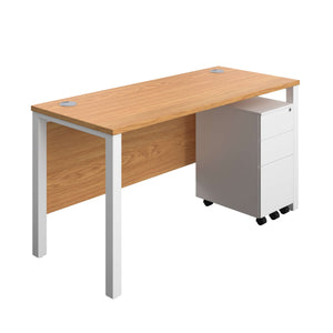 Goal Post Rectangular Desk + 3 Drawer Slimline Steel Pedestal (FSC) | 1400x600 | Nova oak/White
