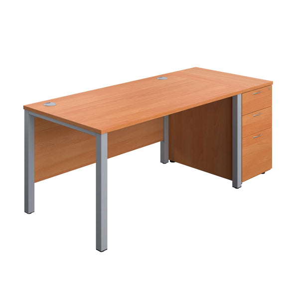 Goal Post Rectangular Desk + 3 Drawer Desk High Pedestal (FSC) | 1400x800 | Beech/Silver