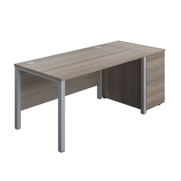 Goal Post Rectangular Desk + 3 Drawer Desk High Pedestal (FSC) | 1400x800 | Grey oak/Silver