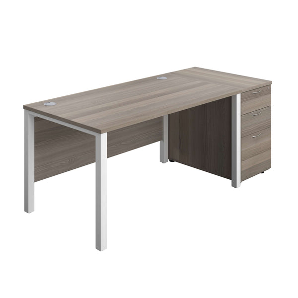 Goal Post Rectangular Desk + 3 Drawer Desk High Pedestal (FSC) | 1400x800 | Grey oak/White