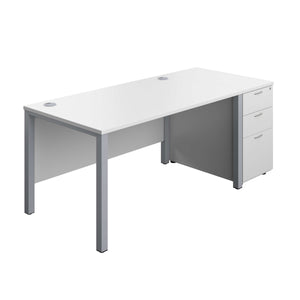 Goal Post Rectangular Desk + 3 Drawer Desk High Pedestal (FSC) | 1400x800 | White/Silver