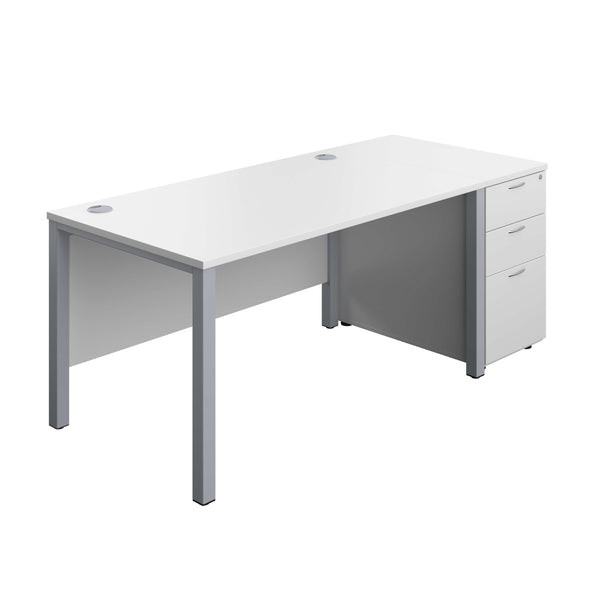 Goal Post Rectangular Desk + 3 Drawer Desk High Pedestal (FSC) | 1400x800 | White/Silver