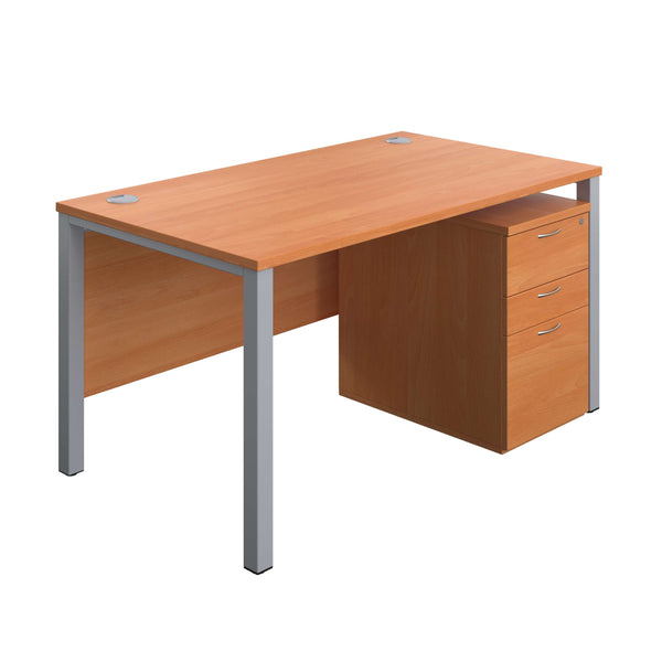 Goal Post Rectangular Desk + 3 Drawer High Mobile Pedestal (FSC) | 1400x800 | Beech/Silver