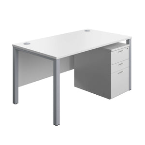 Goal Post Rectangular Desk + 3 Drawer High Mobile Pedestal (FSC) | 1400x800 | White/Silver