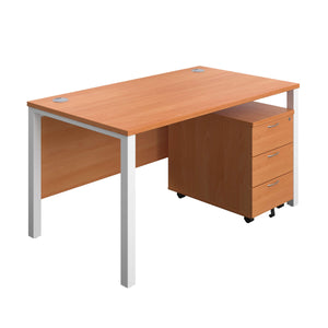 Goal Post Rectangular Desk + 3 Drawer Mobile Pedestal (FSC) | 1400x800 | Beech/White