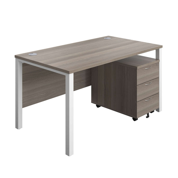 Goal Post Rectangular Desk + 3 Drawer Mobile Pedestal (FSC) | 1400x800 | Grey oak/White