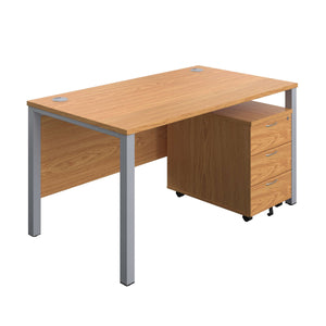 Goal Post Rectangular Desk + 3 Drawer Mobile Pedestal (FSC) | 1400x800 | Nova oak/Silver