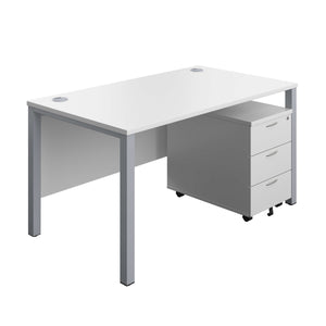 Goal Post Rectangular Desk + 3 Drawer Mobile Pedestal (FSC) | 1400x800 | White/Silver