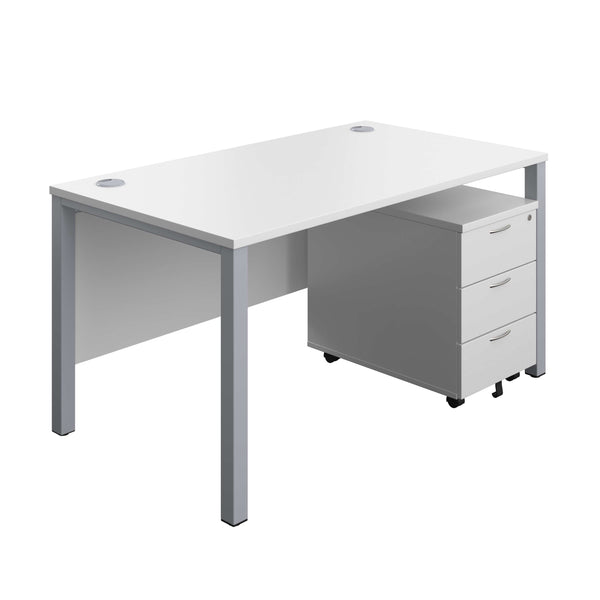 Goal Post Rectangular Desk + 3 Drawer Mobile Pedestal (FSC) | 1400x800 | White/Silver