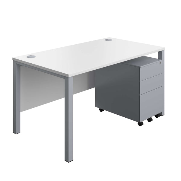 Goal Post Rectangular Desk + 3 Drawer Steel Pedestal (FSC) | 1400x800 | White/Silver