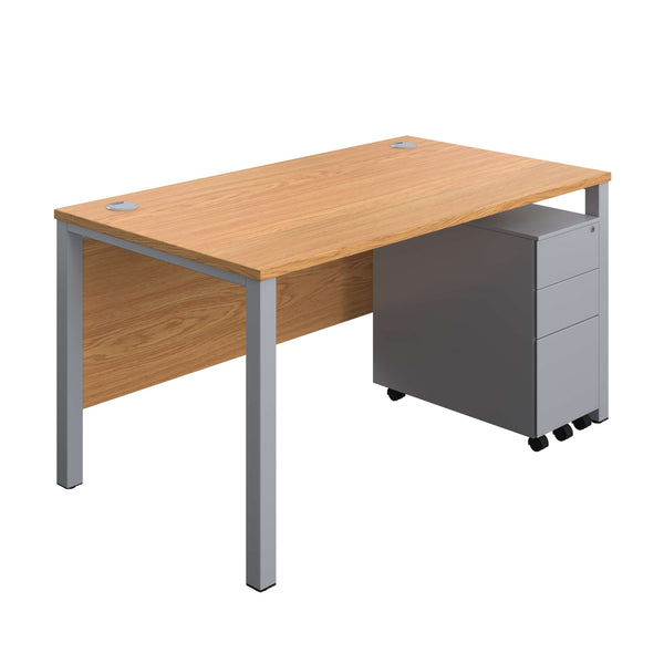 Goal Post Rectangular Desk + 3 Drawer Slimline Steel Pedestal (FSC) | 1400x800 | Nova oak/Silver