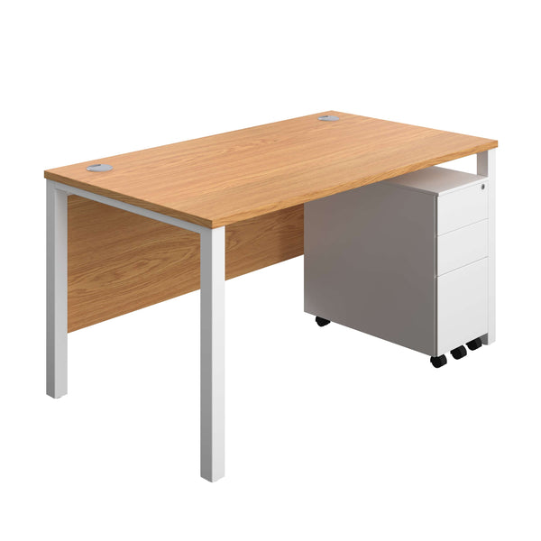 Goal Post Rectangular Desk + 3 Drawer Slimline Steel Pedestal (FSC) | 1400x800 | Nova oak/White