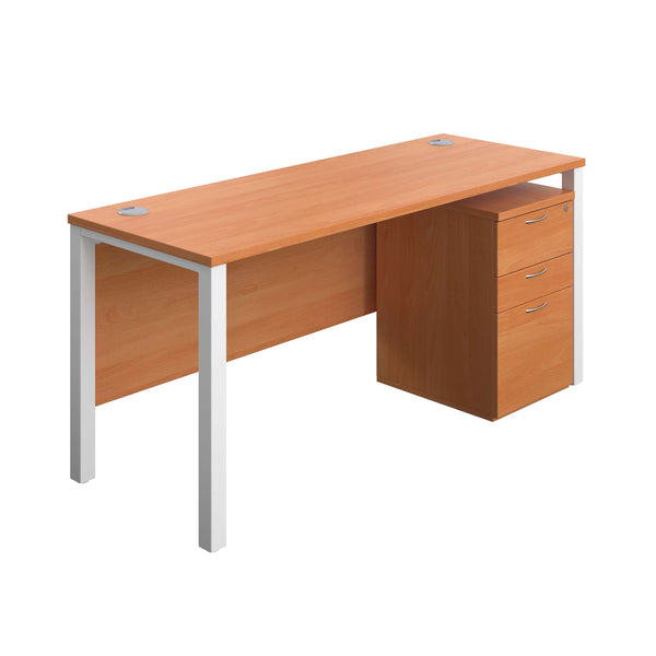 Goal Post Rectangular Desk + 3 Drawer High Mobile Pedestal (FSC) | 1600x600 | Beech/White