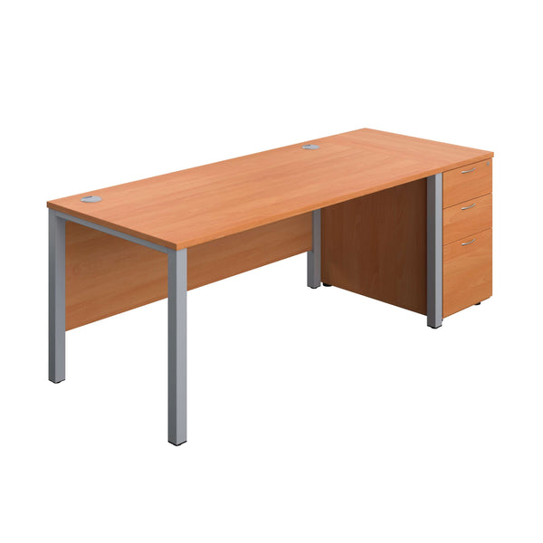 Goal Post Rectangular Desk + 3 Drawer Desk High Pedestal (FSC) | 1600x800 | Beech/Silver