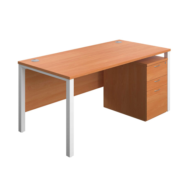 Goal Post Rectangular Desk + 3 Drawer High Mobile Pedestal (FSC) | 1600x800 | Beech/White