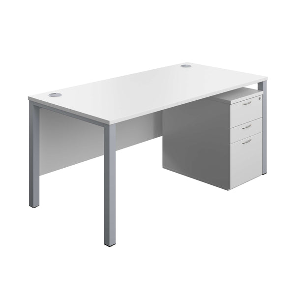 Goal Post Rectangular Desk + 3 Drawer High Mobile Pedestal (FSC) | 1600x800 | White/Silver