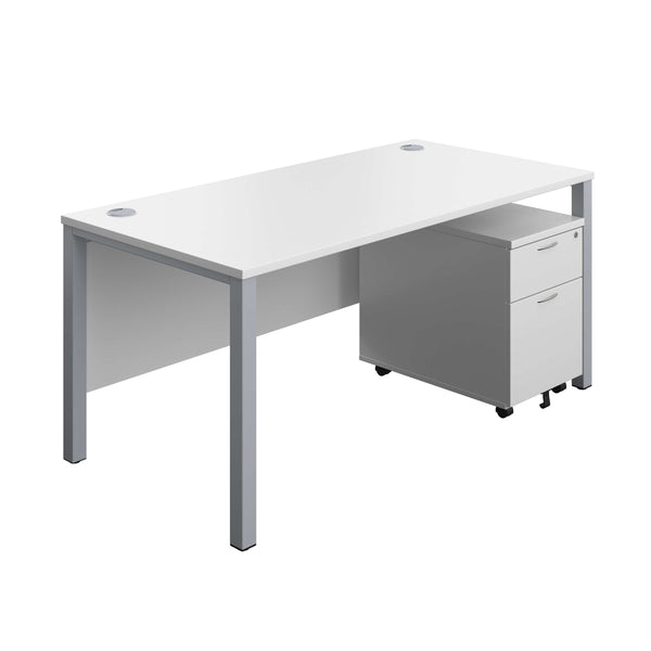 Goal Post Rectangular Desk + 2 Drawer Mobile Pedestal (FSC) | 1600x800 | White/Silver