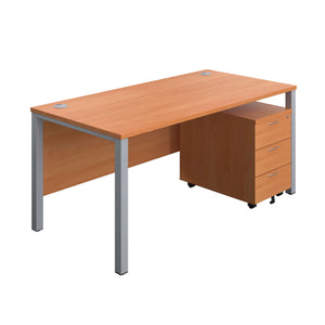 Goal Post Rectangular Desk + 3 Drawer Mobile Pedestal (FSC) | 1600x800 | Beech/Silver