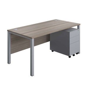 Goal Post Rectangular Desk + 3 Drawer Steel Pedestal (FSC) | 1600x800 | Grey oak/Silver