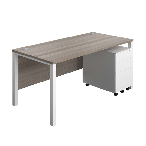 Goal Post Rectangular Desk + 3 Drawer Steel Pedestal (FSC) | 1600x800 | Grey oak/White