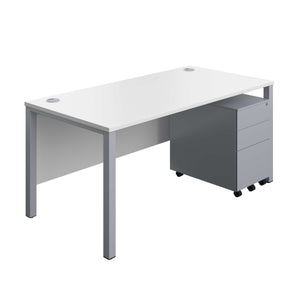 Goal Post Rectangular Desk + 3 Drawer Steel Pedestal (FSC) | 1600x800 | White/Silver