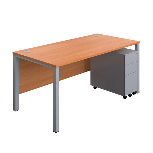 Goal Post Rectangular Desk + 3 Drawer Slimline Steel Pedestal (FSC) | 1600x800 | Beech/Silver