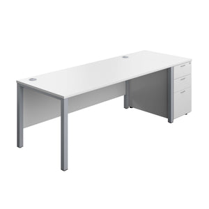 Goal Post Rectangular Desk + 3 Drawer Desk High Pedestal (FSC) | 1800x800 | White/Silver