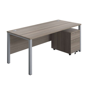 Goal Post Rectangular Desk + 2 Drawer Mobile Pedestal (FSC) | 1800x800 | Grey oak/Silver