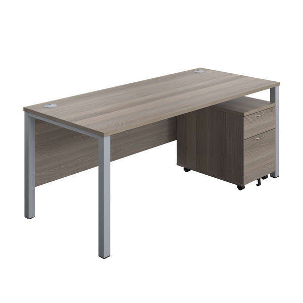 Goal Post Rectangular Desk + 2 Drawer Mobile Pedestal (FSC) | 1800x800 | Grey oak/Silver