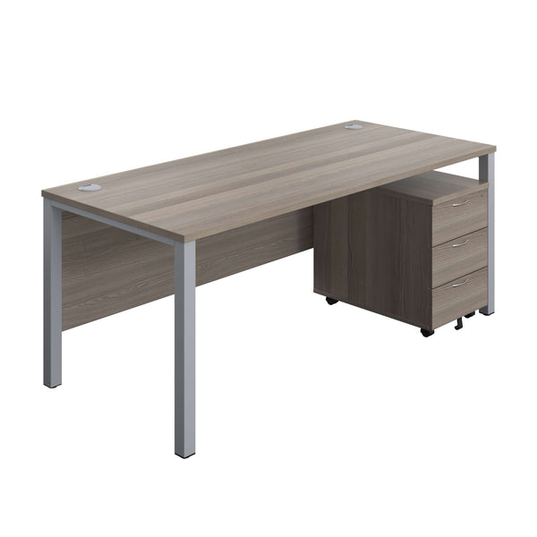 Goal Post Rectangular Desk + 3 Drawer Mobile Pedestal (FSC) | 1800x800 | Grey oak/Silver