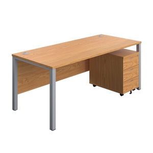 Goal Post Rectangular Desk + 3 Drawer Mobile Pedestal (FSC) | 1800x800 | Nova oak/Silver