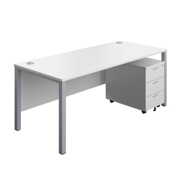 Goal Post Rectangular Desk + 3 Drawer Mobile Pedestal (FSC) | 1800x800 | White/Silver