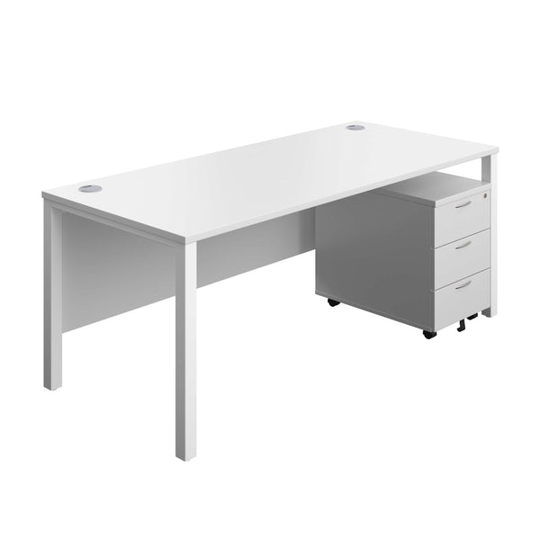 Goal Post Rectangular Desk + 3 Drawer Mobile Pedestal (FSC) | 1800x800 | White/White