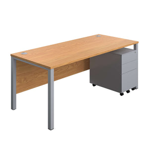 Goal Post Rectangular Desk + 3 Drawer Steel Pedestal (FSC) | 1800x800 | Nova oak/Silver