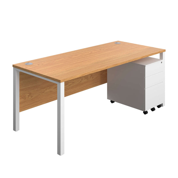 Goal Post Rectangular Desk + 3 Drawer Steel Pedestal (FSC) | 1800x800 | Nova oak/White