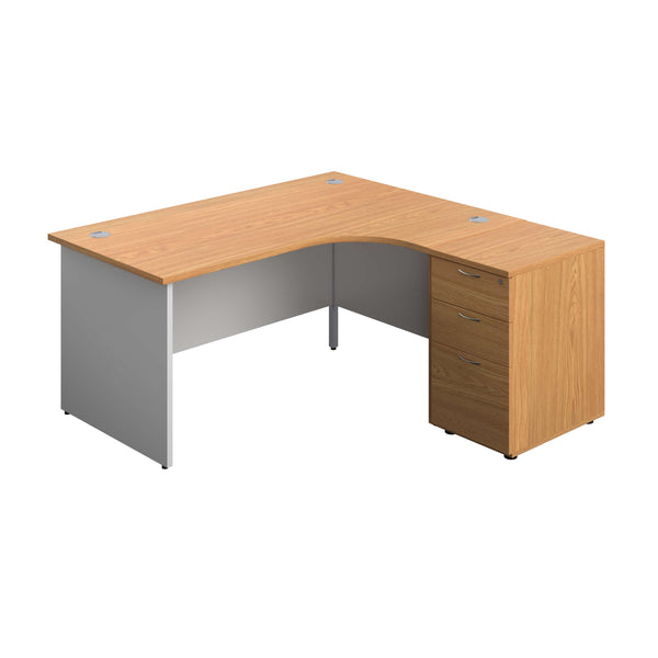 Panel Plus Right Radial Desk + Matching 3 Drawer Desk High Pedestal Bundle (FSC) | 600 Pedestal | 1600X1200 | Nova Oak/White