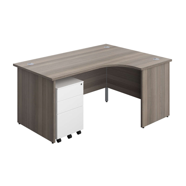 Panel Right Hand Radial Desk + 3 Drawer Steel Mobile Pedestal Bundle (FSC) | 1600X1200 | Grey Oak/White