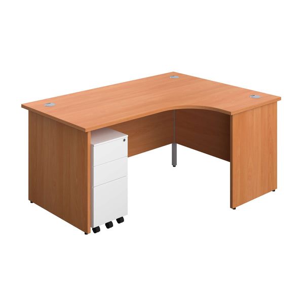 Panel Right Hand Radial Desk + 3 Drawer Slimline Steel Mobile Pedestal Bundle (FSC) | 1600X1200 | Beech/White