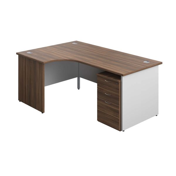 Panel Plus Left Radial Desk + 3 Drawer Under Desk Pedestal Bundle (FSC) | 1800X1200 | Dark Walnut/White