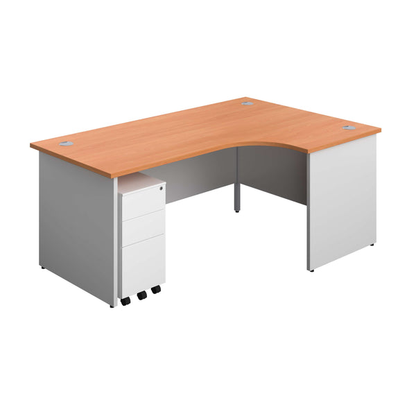 Panel Plus Right Radial Desk + 3 Drawer White Slimline Steel Mobile Pedestal Bundle (FSC) | 1800X1200 | Beech/White