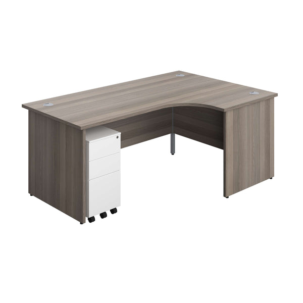Panel Right Hand Radial Desk + 3 Drawer Slimline Steel Mobile Pedestal Bundle (FSC) | 1800X1200 | Grey Oak/White