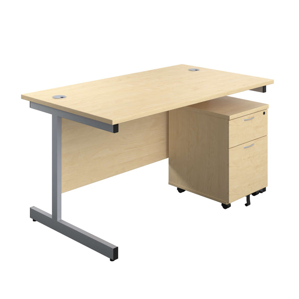 Single Upright Rectangular Desk + Mobile 2 Drawer Pedestal (FSC) | 1200 X 800 | Maple/Silver