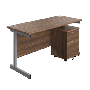 Single Upright Rectangular Desk + Mobile 2 Drawer Pedestal (FSC) | 1400 X 600 | Dark Walnut/Silver