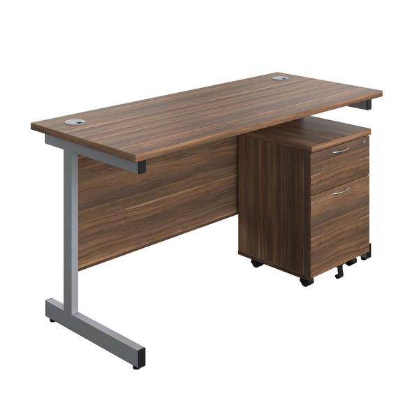 Single Upright Rectangular Desk + Mobile 2 Drawer Pedestal (FSC) | 1400 X 600 | Dark Walnut/Silver