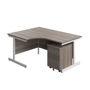 Single Upright Left Hand Radial Desk + Mobile 2 Drawer Pedestal (FSC) | 1600 X 1200 | Grey Oak/White