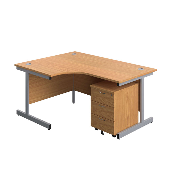 Single Upright Left Hand Radial Desk + Mobile 3 Drawer Pedestal (FSC) | 1600 X 1200 | Nova Oak/Silver
