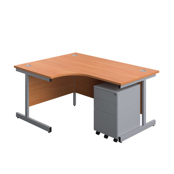 Single Upright Left Hand Radial Desk + Under Desk Steel Pedestal 3 Drawers (FSC) | 1600 X 1200 | Beech/Silver