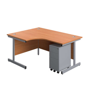 Single Upright Left Hand Radial Desk + Slimline Steel Pedestal 3 Drawers (FSC) | 1600 X 1200 | Beech/Silver