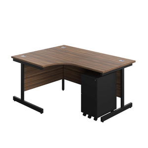 Single Upright Left Hand Radial Desk + Slimline Steel Pedestal 3 Drawers (FSC) | 1600 X 1200 | Dark Walnut/Black
